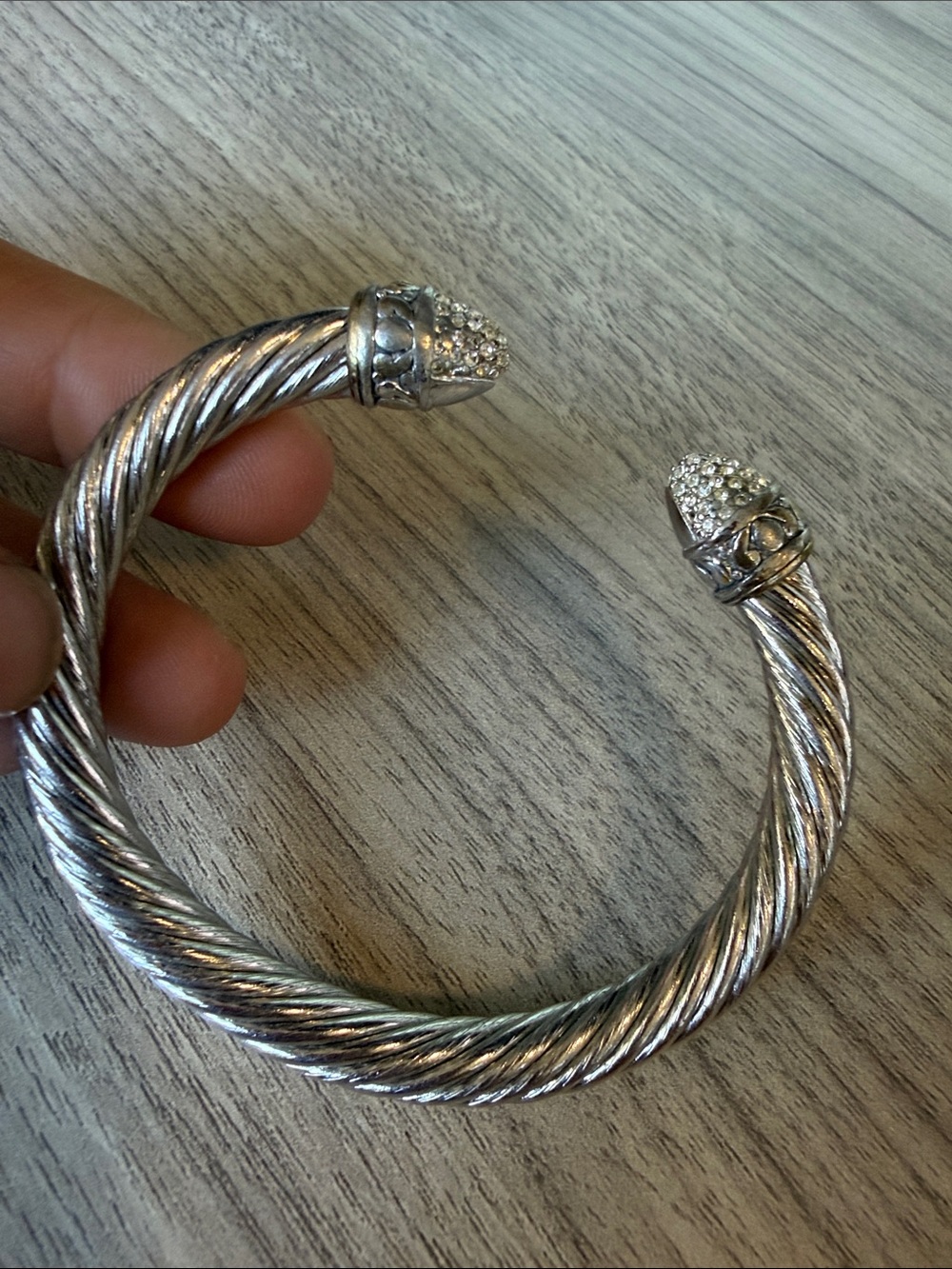 Twisted Silver-Tone Open Cable Cuff Bracelet with Pave End Caps